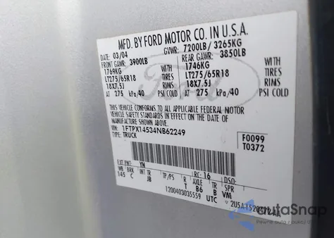 2004 Ford F-150 Fx4/Lariat/Xl/Xlt из США, поврежденный, VIN 1FTPX14534NB62249